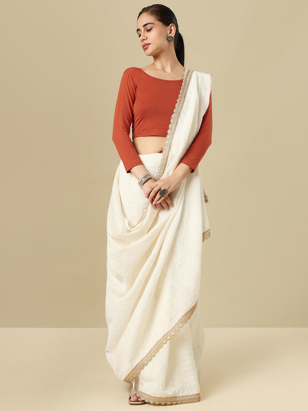 Rust Cotton Lycra Round Neck Stretchable Saree Blouse