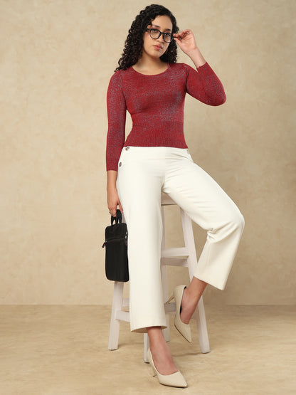 Maroon Woolen Round Neck Full Sleeves Stretchable Readymade Blouse