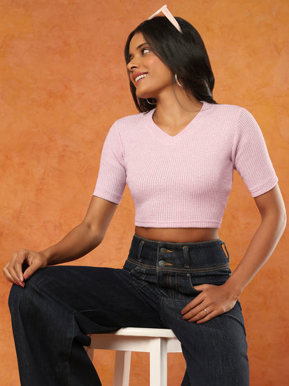 Pink Knitted V Neck Stretchable Readymade Blouse
