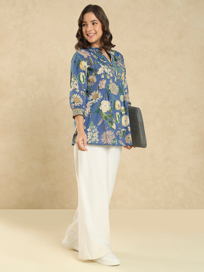 Lavender Cotton Floral Printed Short Kurti