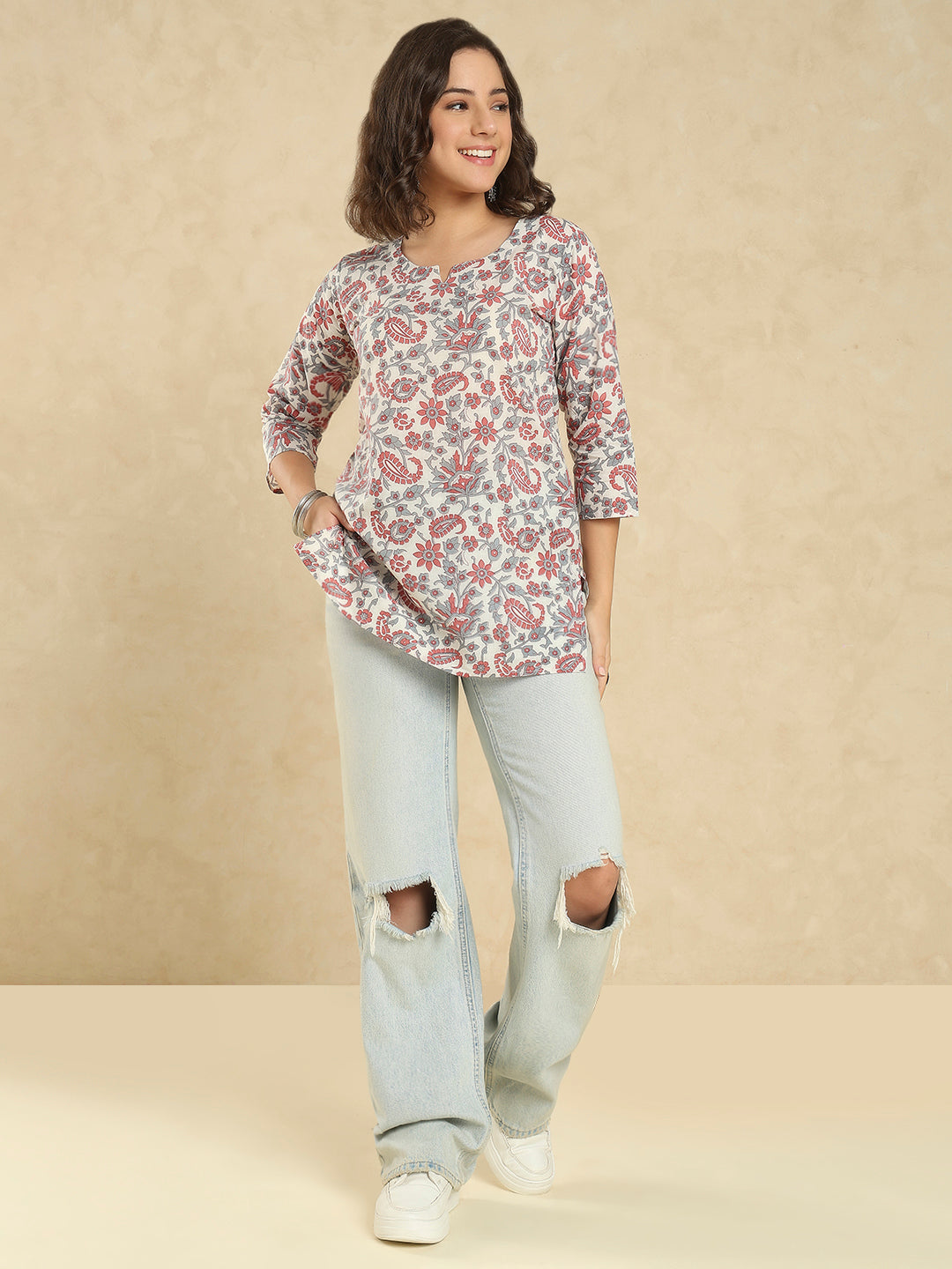 White Cotton Printed Short Kurti