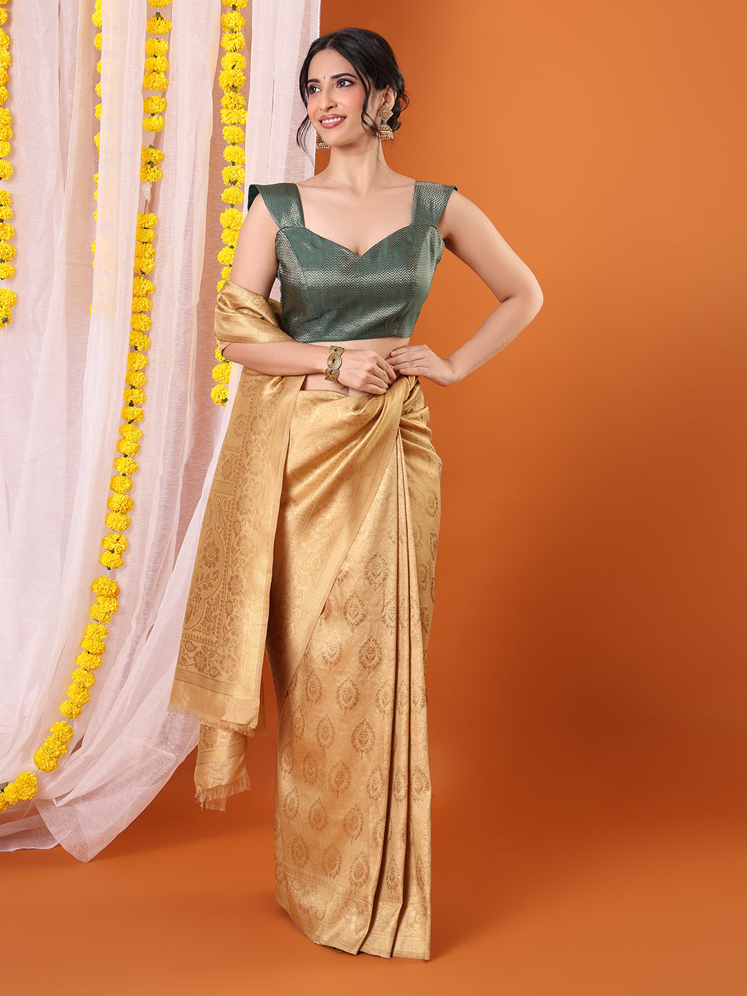 Green Woven Design Sleeveless Padded Saree Blouse