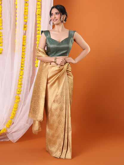 Green Woven Design Sleeveless Padded Saree Blouse