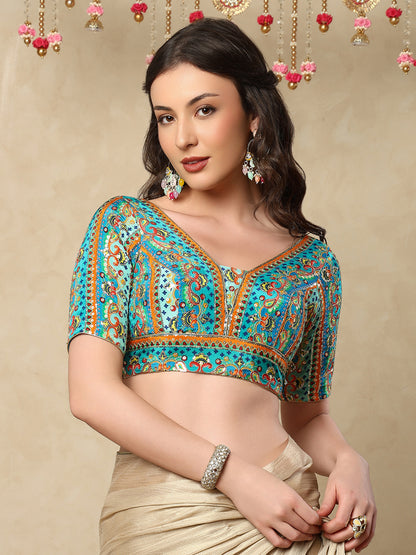 Sea Blue silk V Neck Readymade Blouse