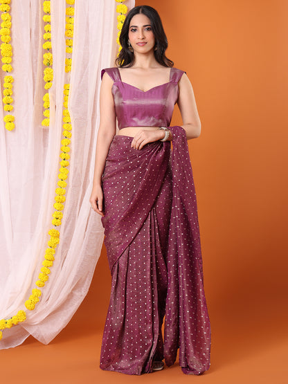 Purple Woven Design Sleeveless Padded Saree Blouse