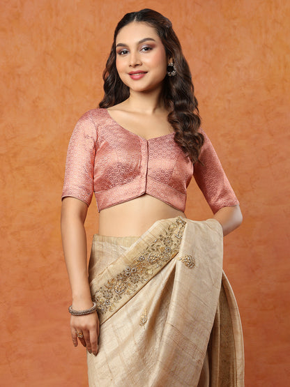 Rose Gold Brocade Round Neck Readymade Blouse