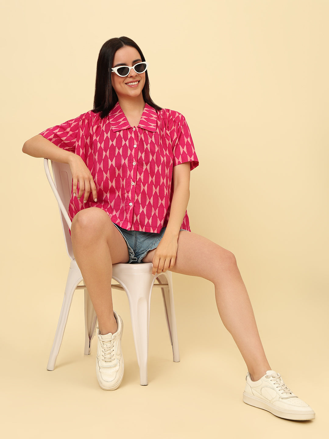 Pink Cotton Printed Oversized Casual Shirt