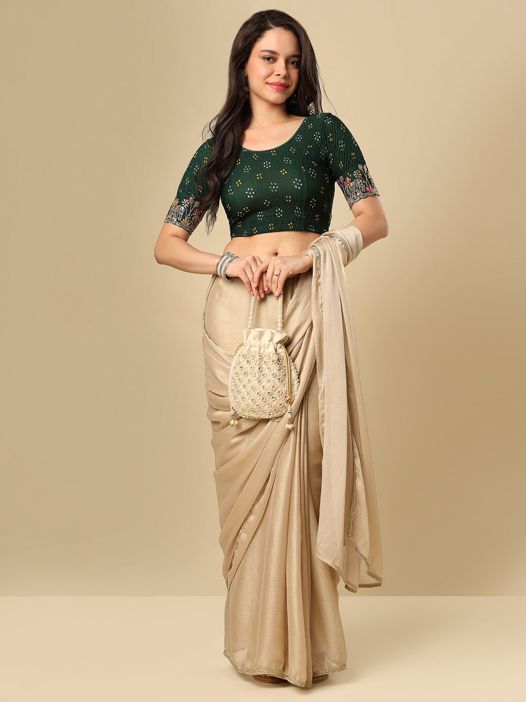 Green Embroidered Non Padded Stretchable Garba Saree Blouse
