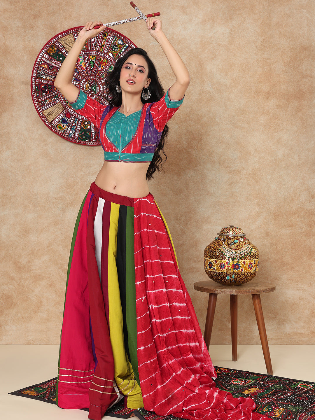 Multicolour Cotton Ikat V Neck Readymade Padded Blouse