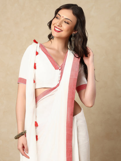 White Cotton V Neck Readymade Blouse