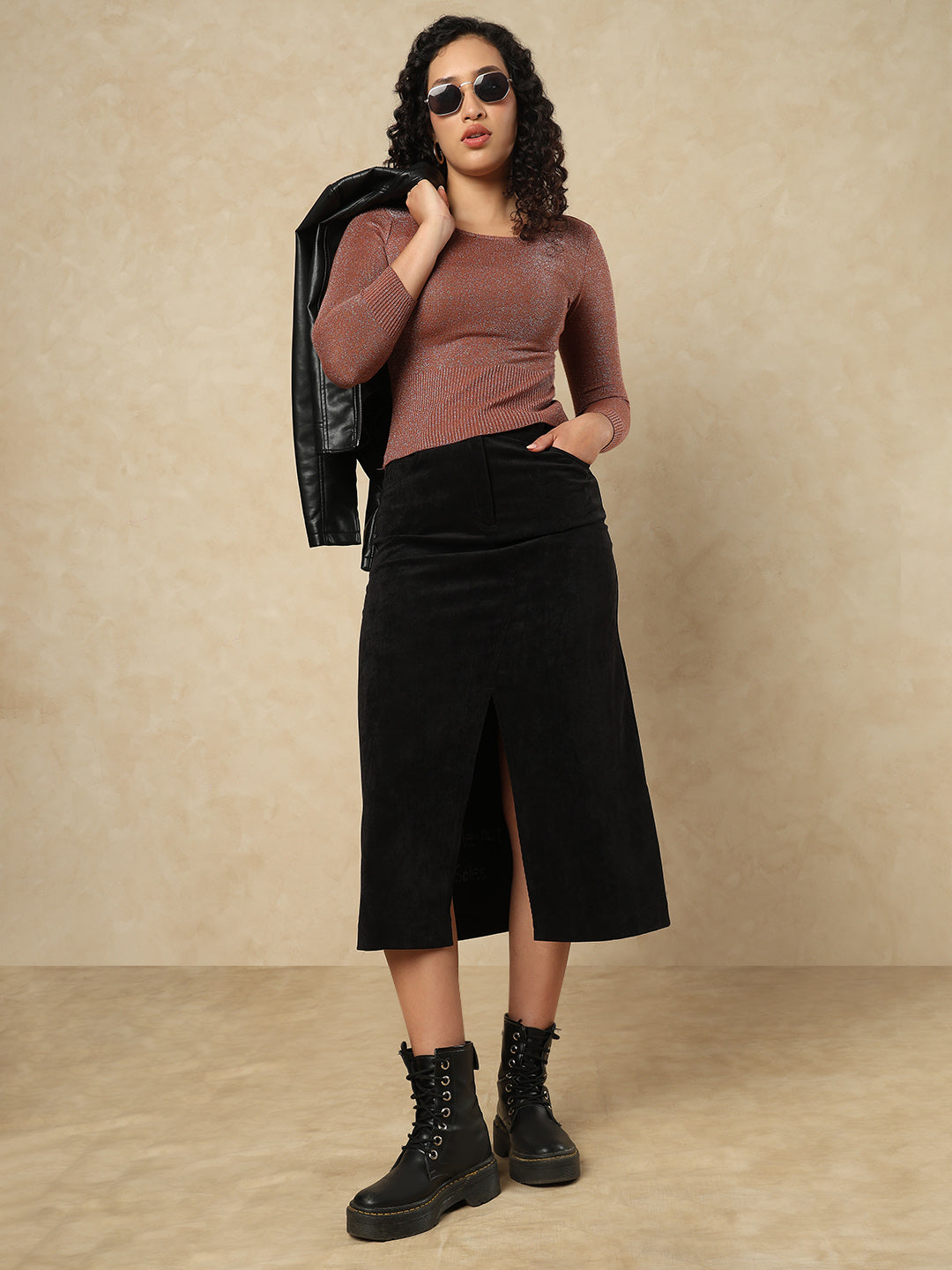 Brown Woolen Round Neck Full Sleeves Stretchable Readymade Blouse