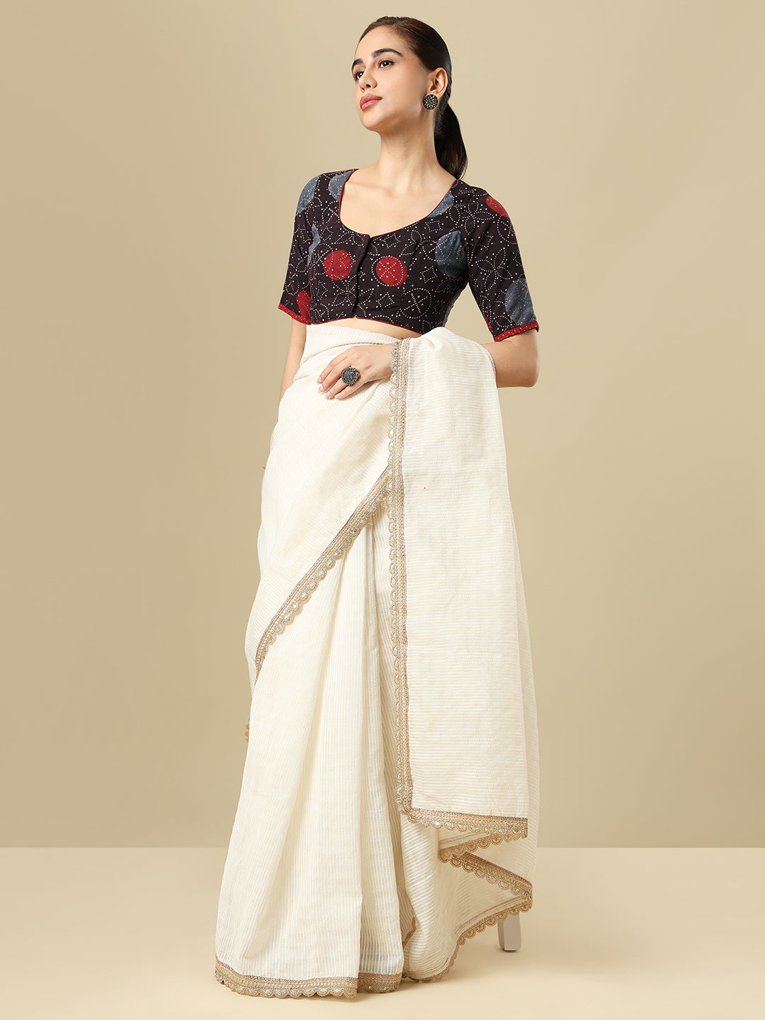 Ajrakh Block Printed Cotton Round Neck Non-Padded Saree Blouse