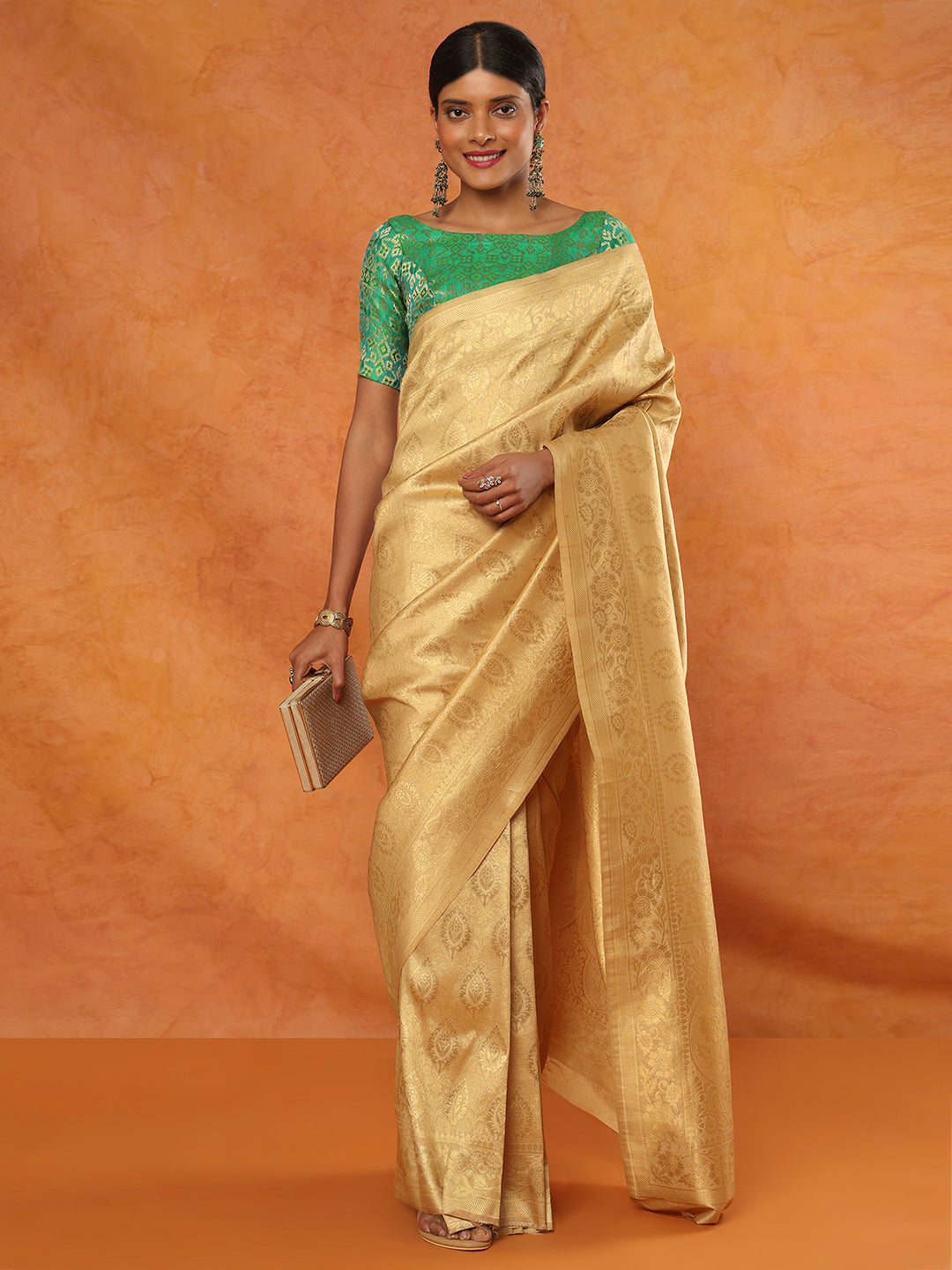 Green Brocade Boat Neck Readymade Blouse