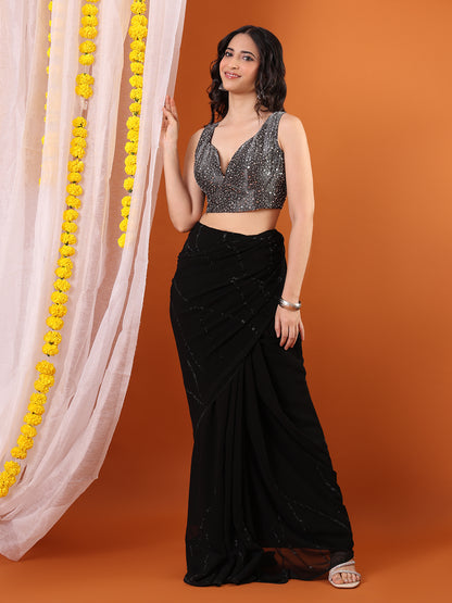 Black Georgette Embellished Sweetheart Neck Padded Saree Blouse