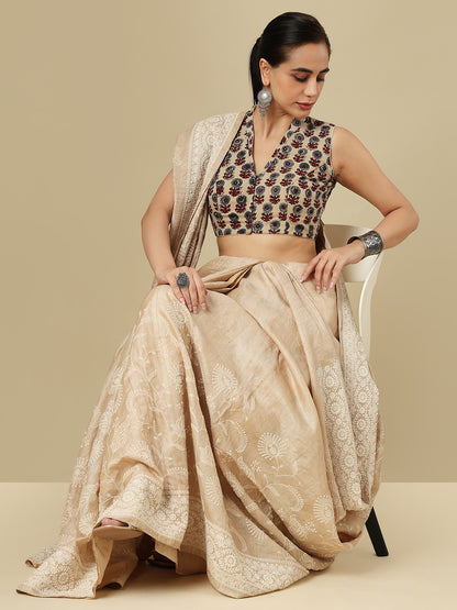 Beige Pure Cotton Ajrakh Block Printed Readymade Blouse