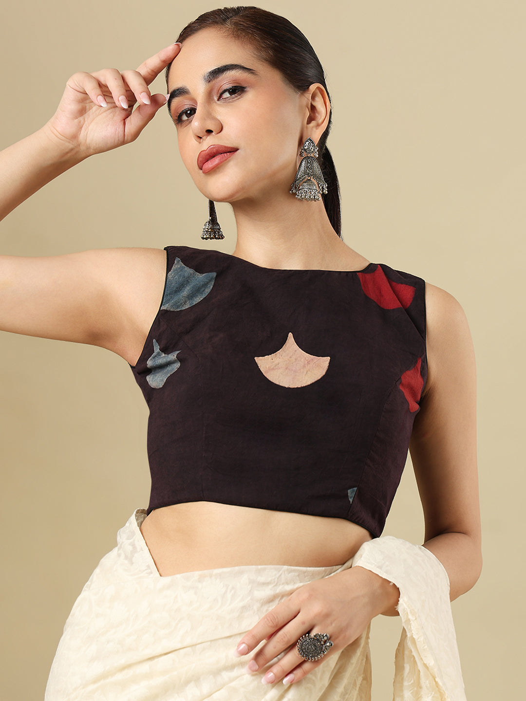 Black Pure Cotton Ajrakh Block Printed Sleeveless Readymade Blouse