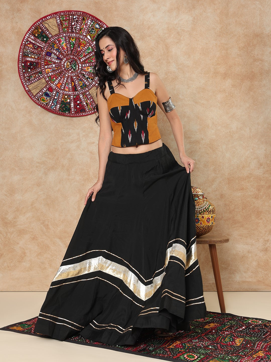 Black Cotton Ikat Sweetheart Neck Readymade Corset Blouse