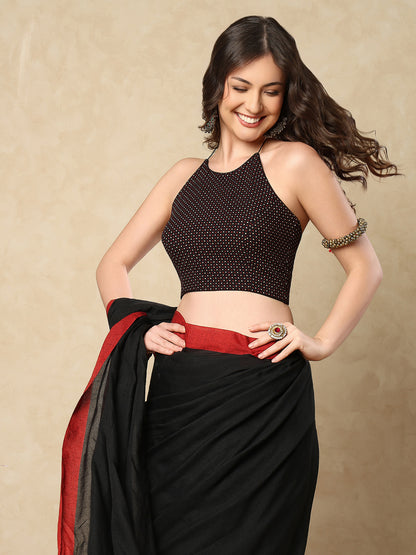 Black Cotton Halter Neck Sleeveless Readymade Padded Blouse