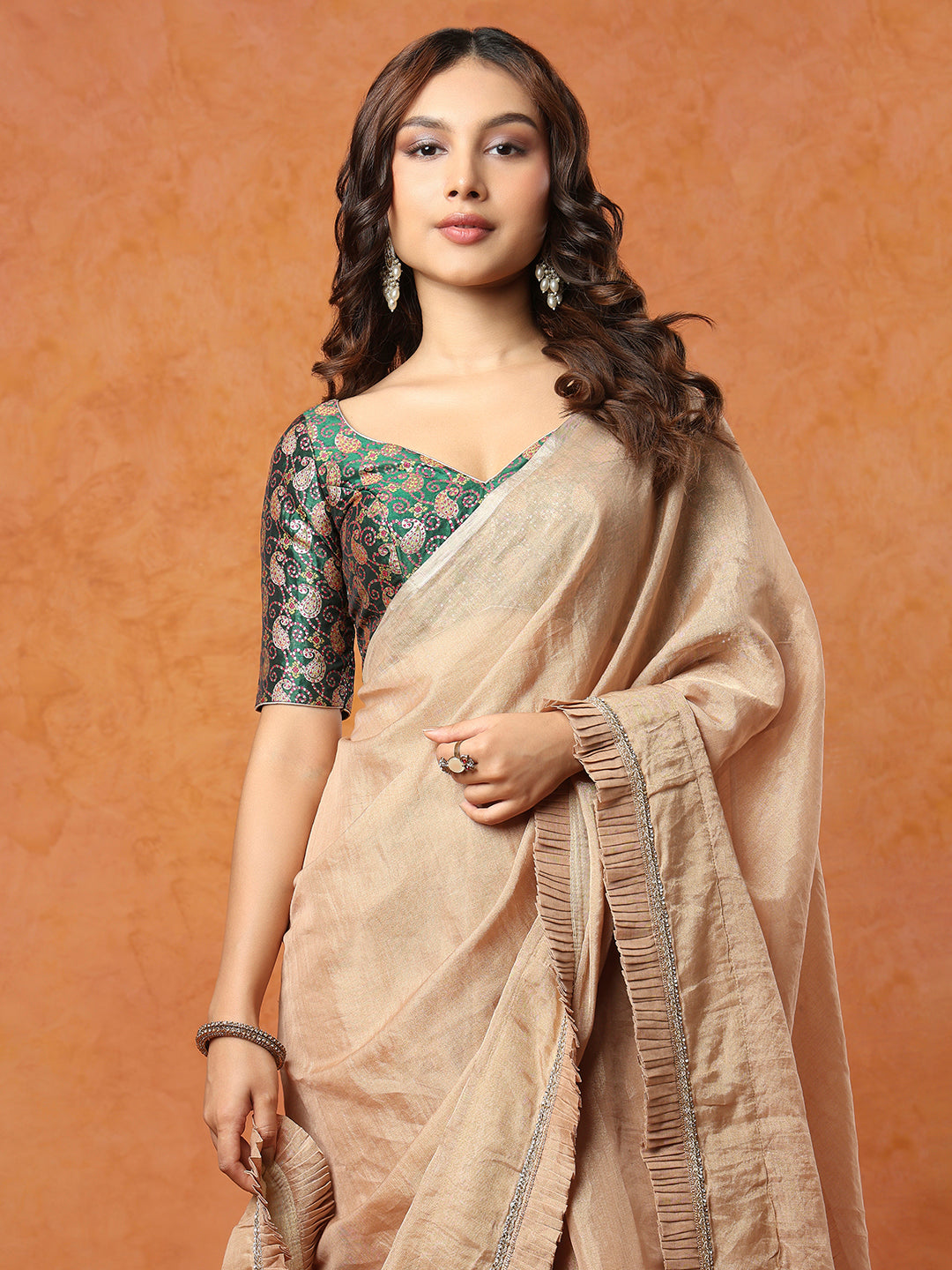 Green Brocade Sweetheart Neck Readymade Blouse