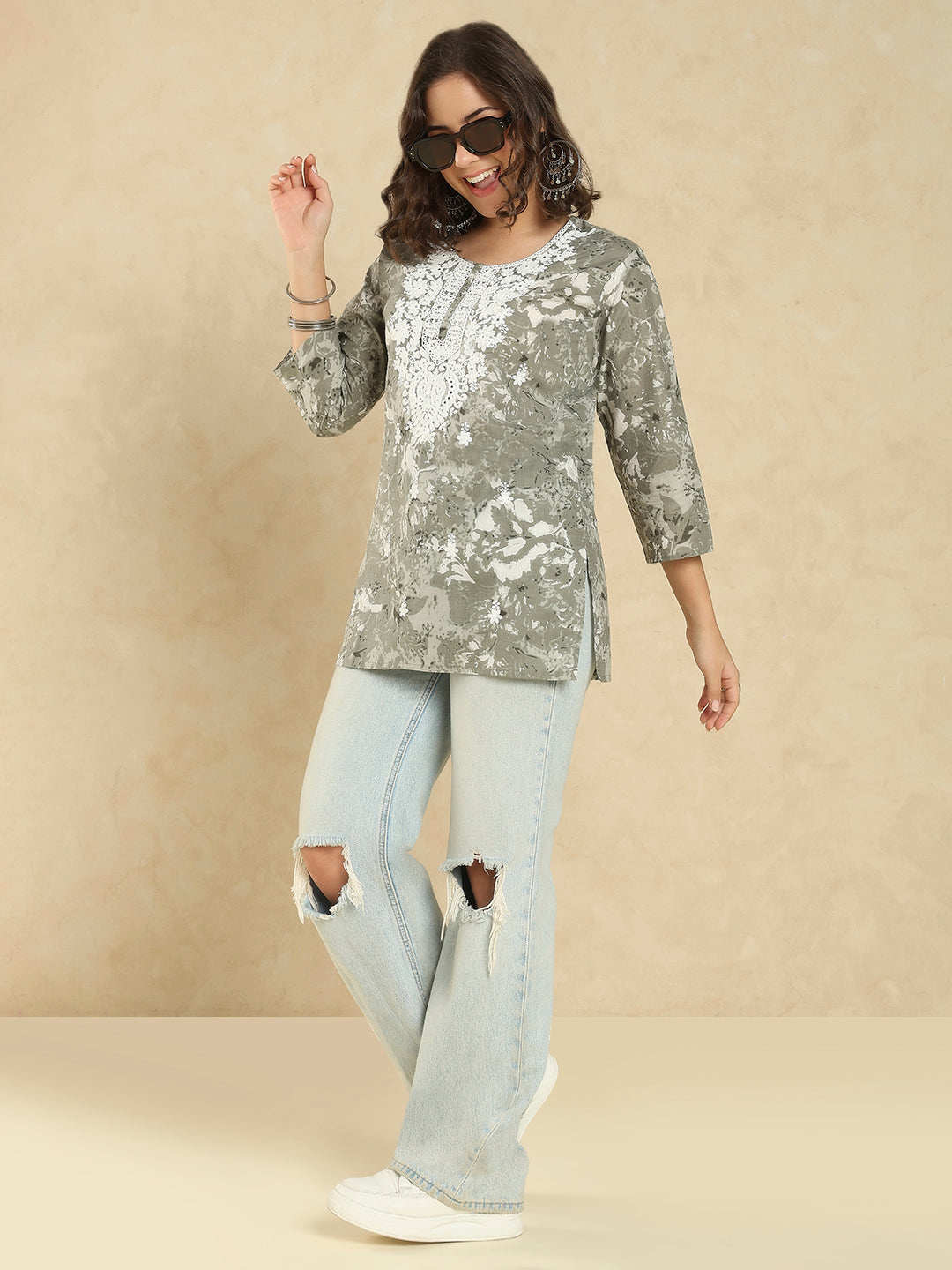 Grey Cotton Printed Embroidered Short Kurti