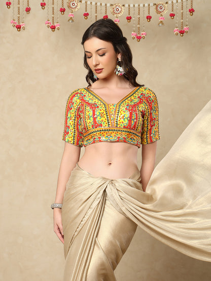 Yellow silk V Neck Readymade Blouse