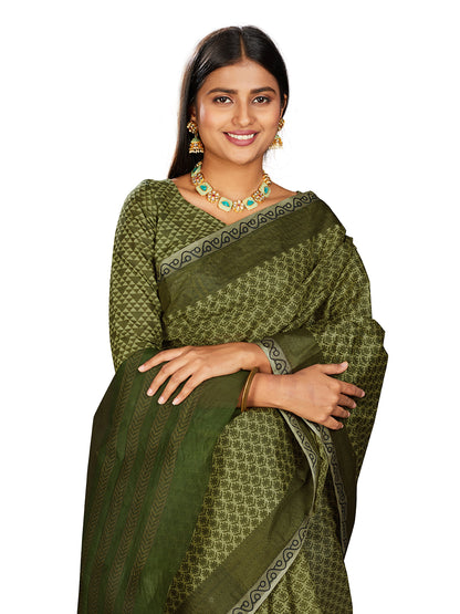 NIHARIKA Olive Printed Pure Cotton Saree