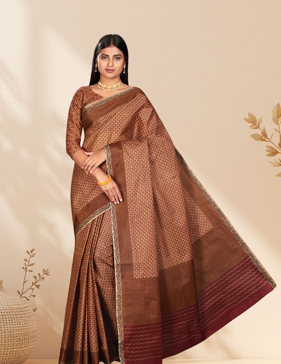 NIHARIKA Brown Printed Pure Cotton Saree