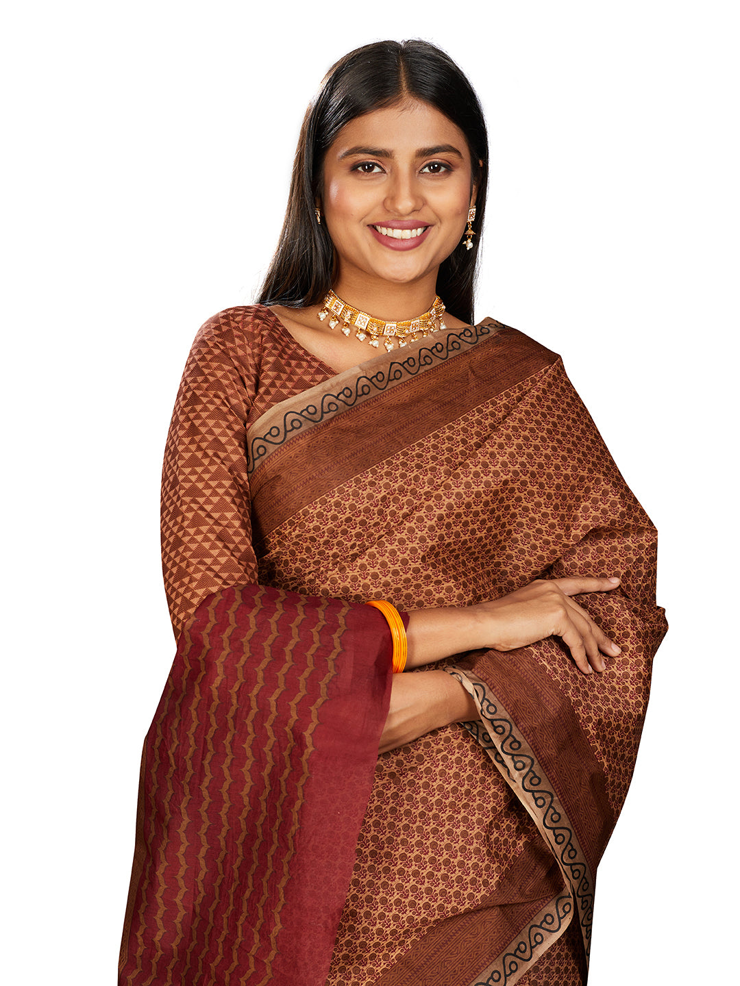 NIHARIKA Brown Printed Pure Cotton Saree