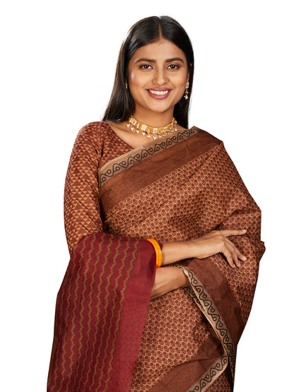 NIHARIKA Brown Printed Pure Cotton Saree