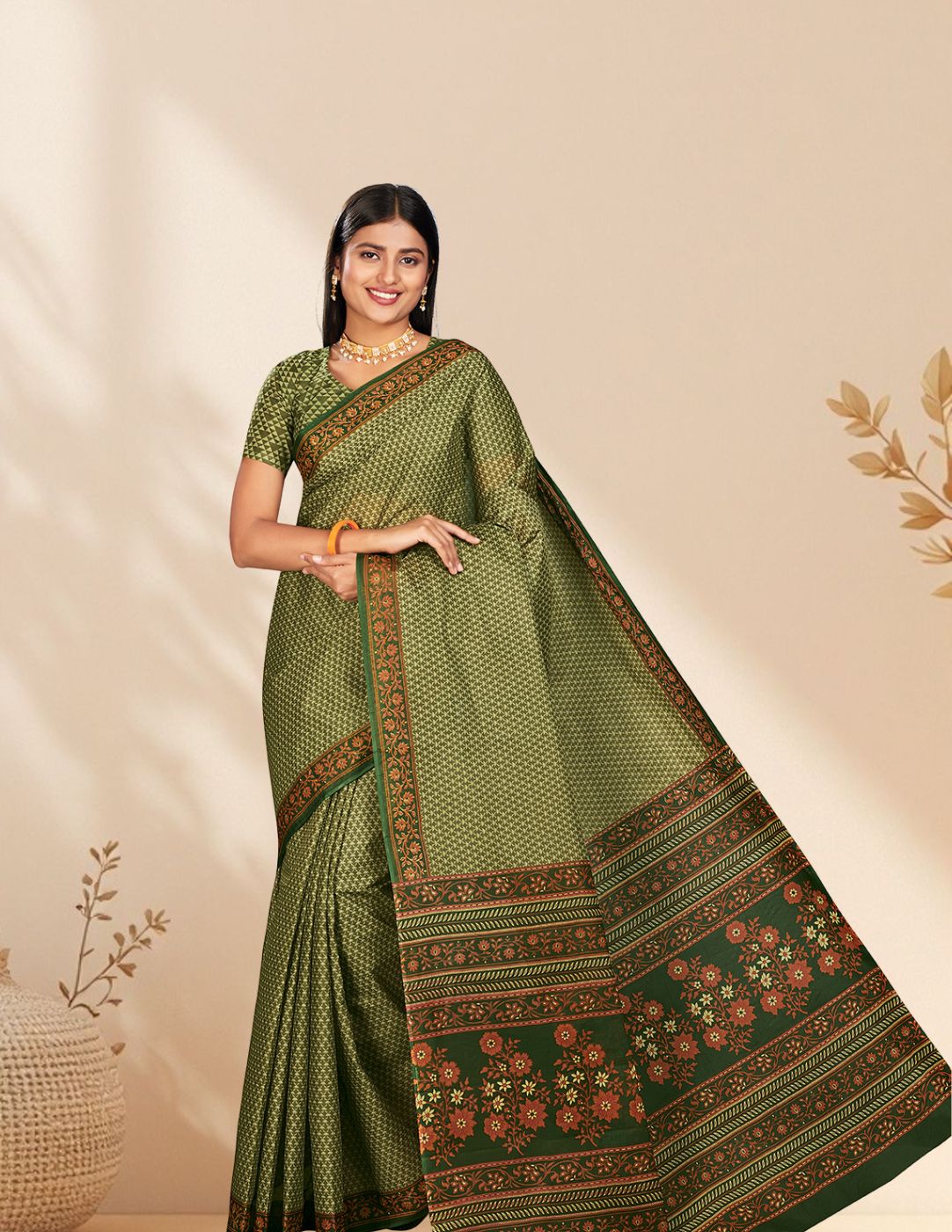 NIHARIKA Green Printed Pure Cotton Saree