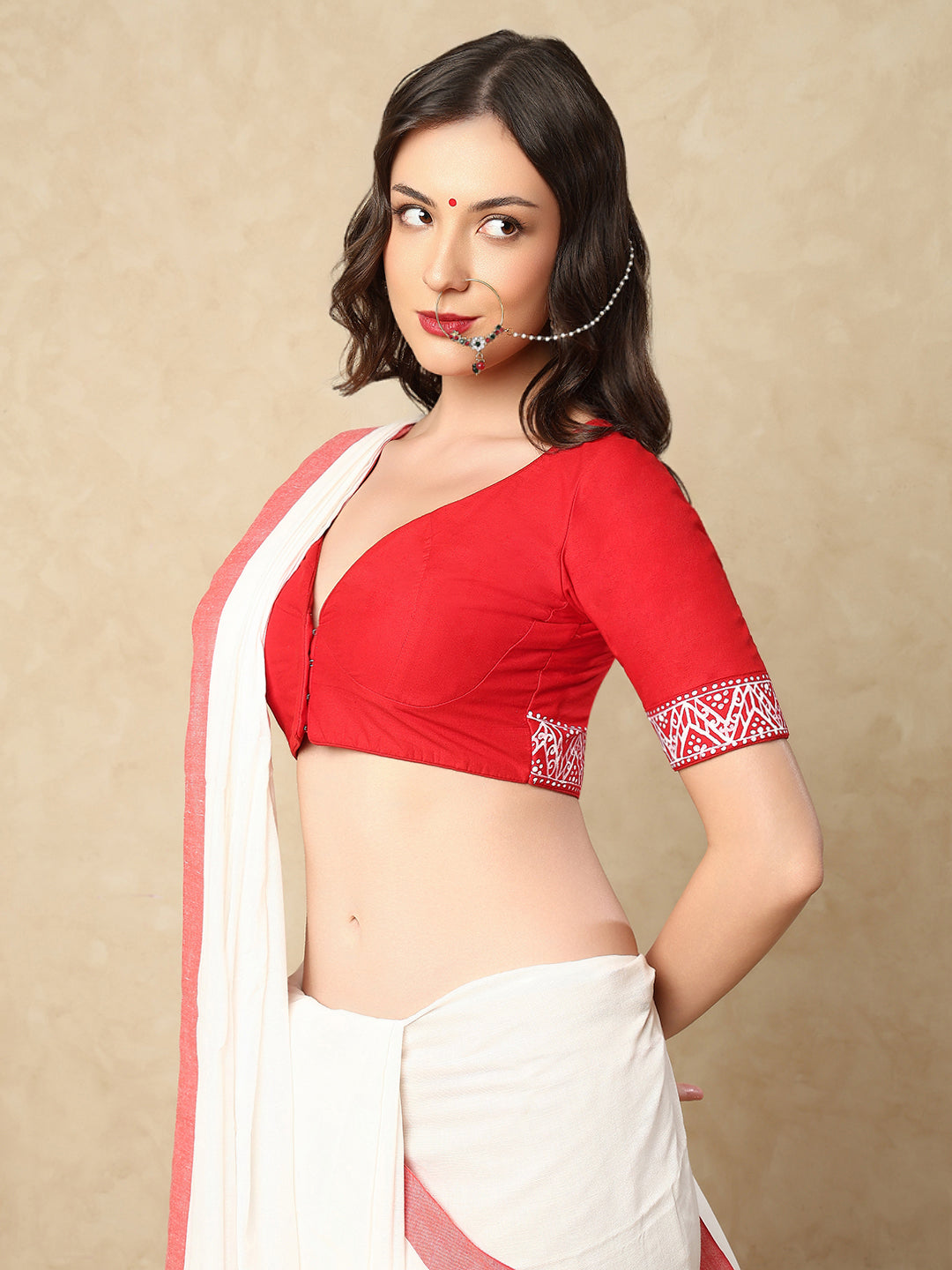 Red Cotton Sweetheart Neck Hand painted Readymade Blouse