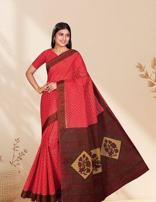KERALA BEAUTY Red Printed Pure Cotton Saree