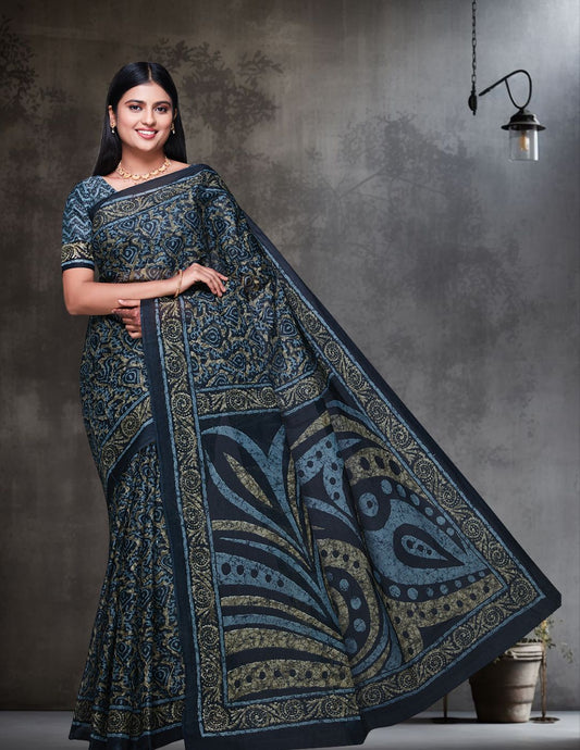 DIMPLE Grey Printed Pure Cotton Saree