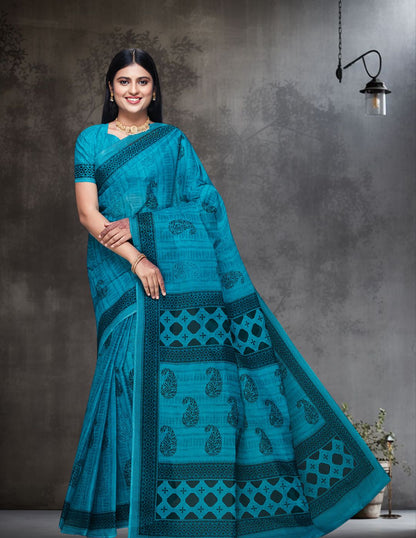 DIMPLE Blue Printed Pure Cotton Saree