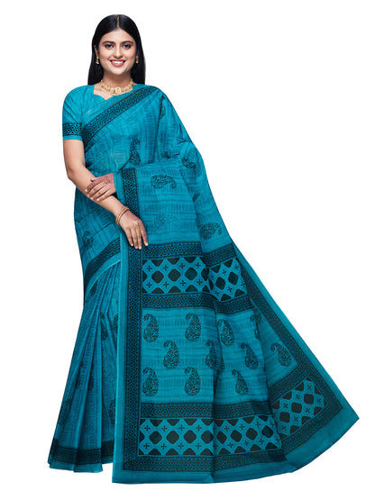 DIMPLE Blue Printed Pure Cotton Saree