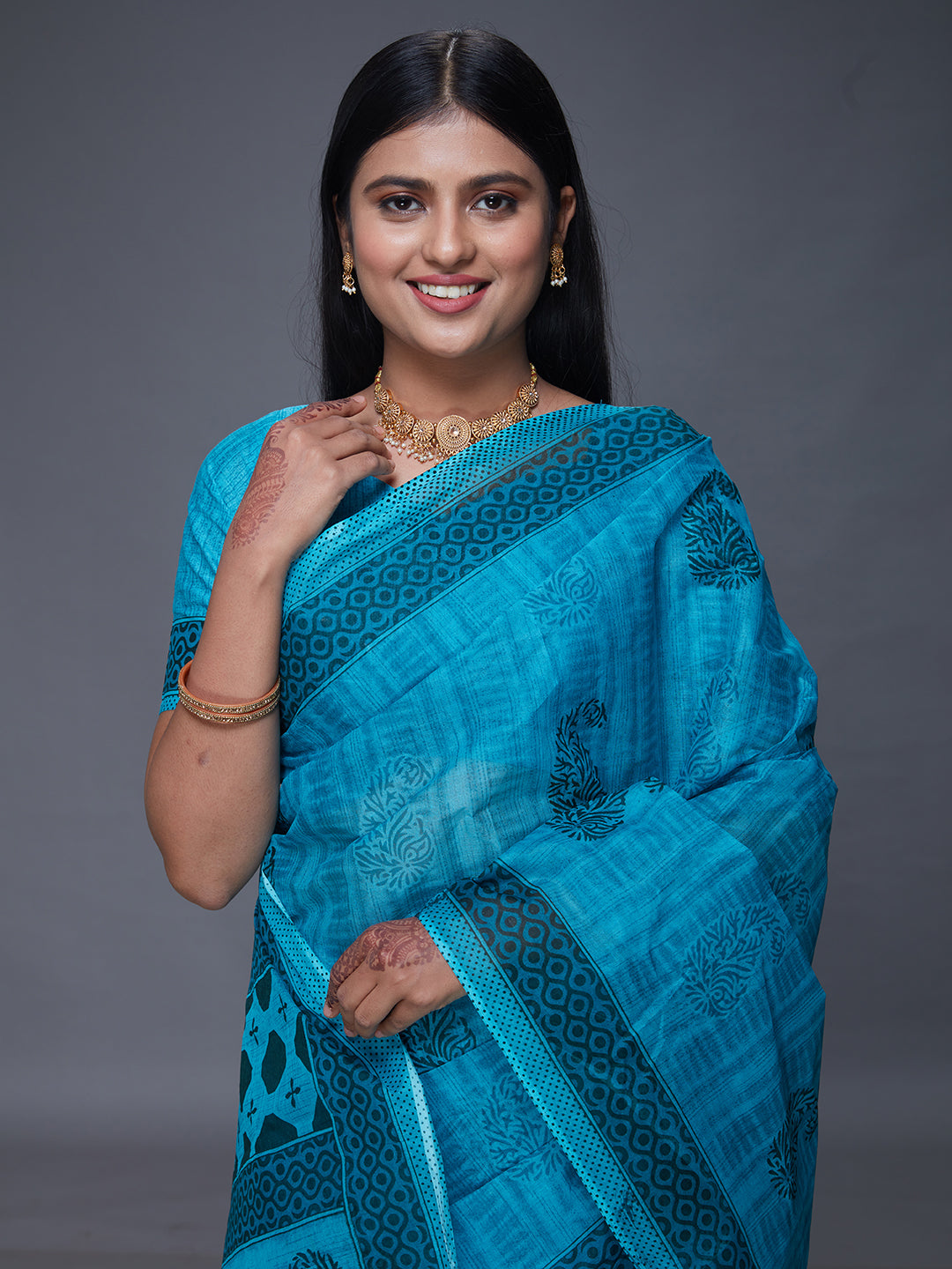 DIMPLE Blue Printed Pure Cotton Saree