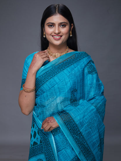 DIMPLE Blue Printed Pure Cotton Saree