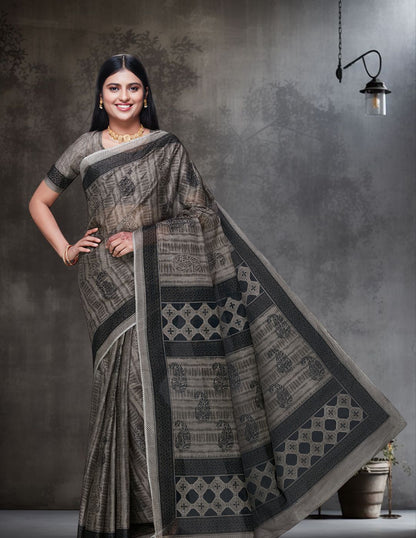 DIMPLE Grey Printed Pure Cotton Saree