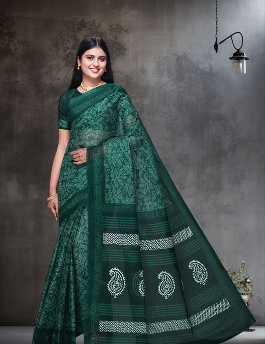 DIMPLE Green Printed Pure Cotton Saree