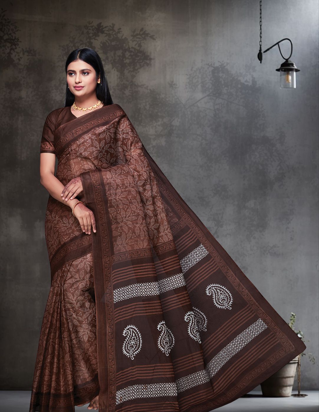 DIMPLE Brown Printed Pure Cotton Saree