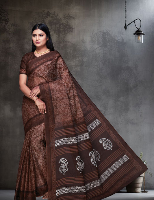 DIMPLE Brown Printed Pure Cotton Saree