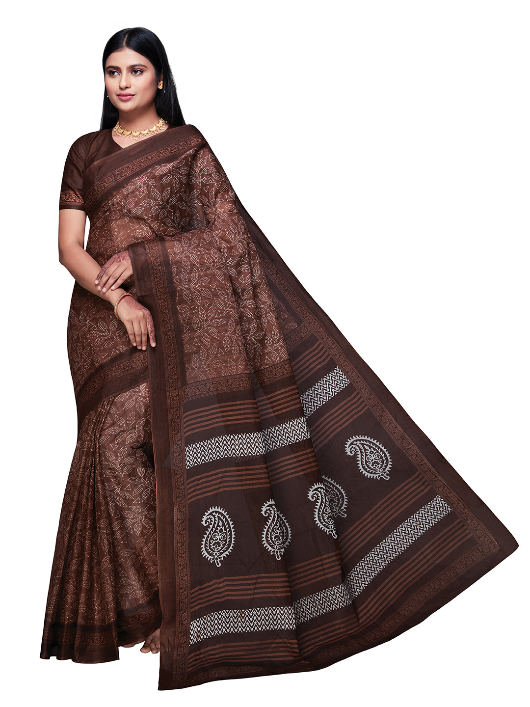 DIMPLE Brown Printed Pure Cotton Saree
