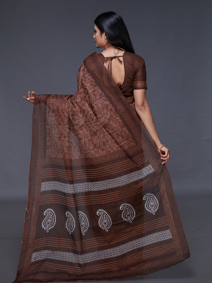 DIMPLE Brown Printed Pure Cotton Saree