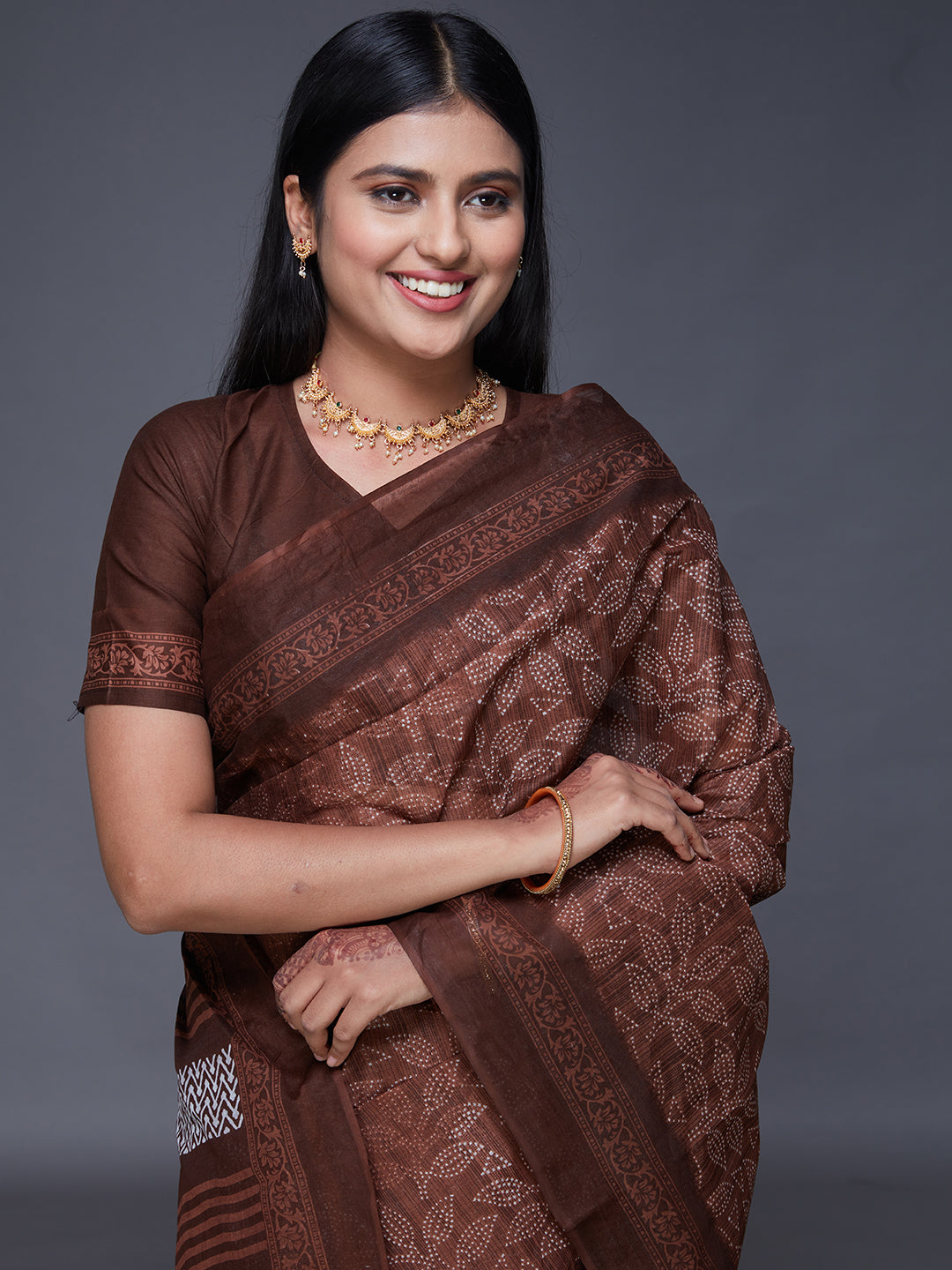 DIMPLE Brown Printed Pure Cotton Saree