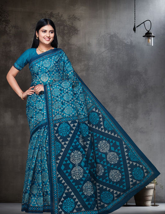 DIMPLE Teal Printed Pure Cotton Saree