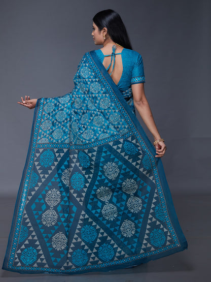 DIMPLE Teal Printed Pure Cotton Saree