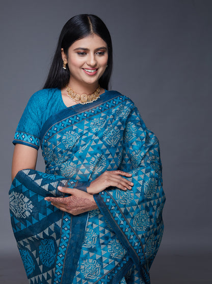 DIMPLE Teal Printed Pure Cotton Saree