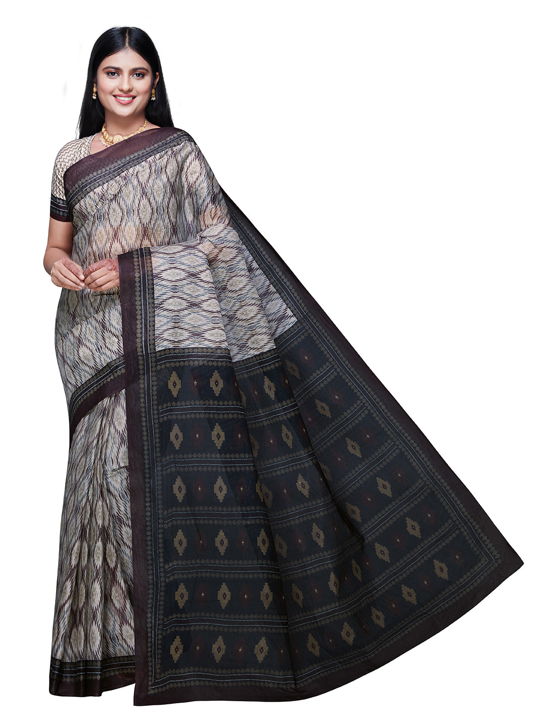 DIMPLE Beige Printed Pure Cotton Saree