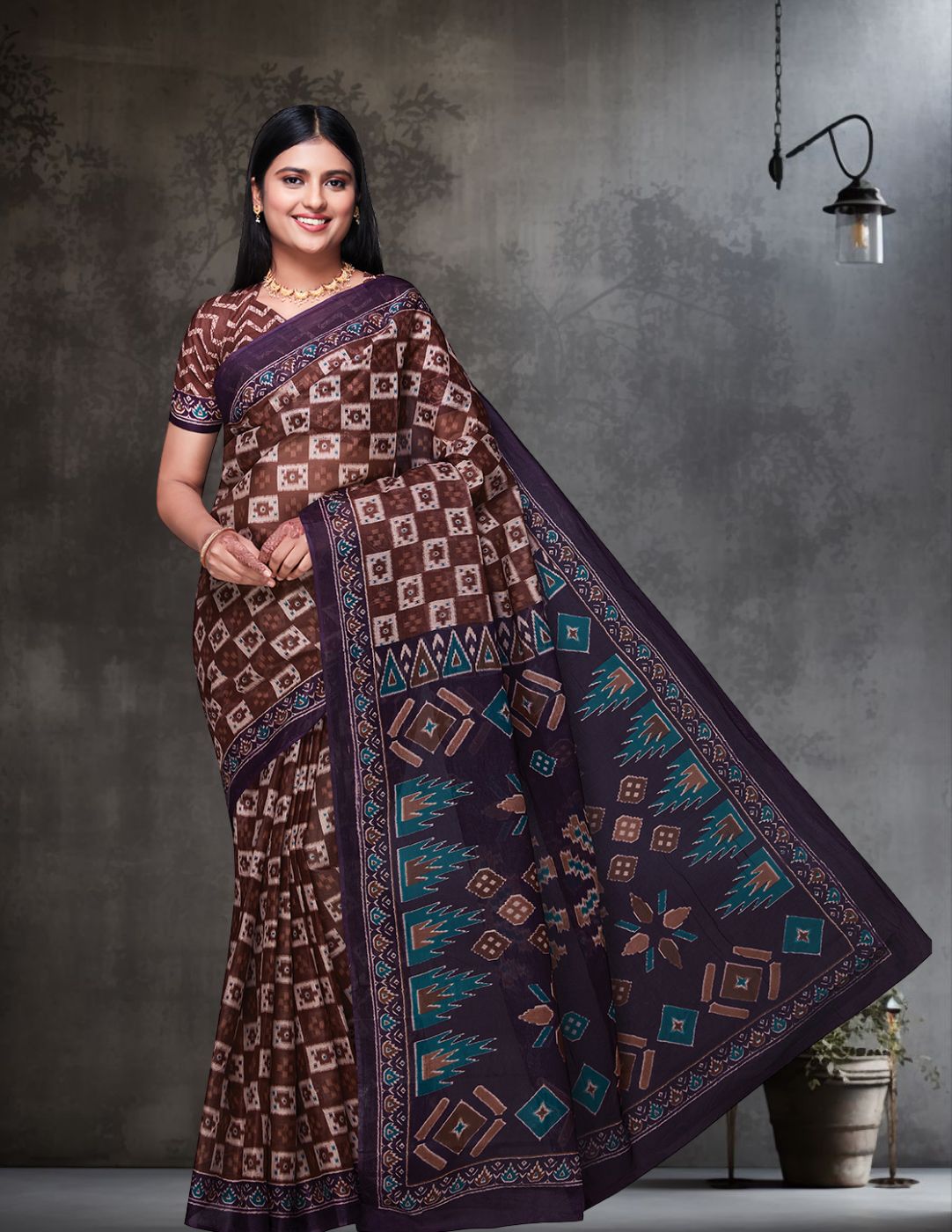 DIMPLE Brown Printed Pure Cotton Saree