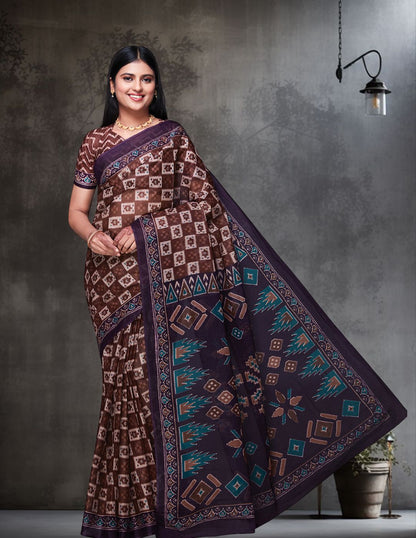 DIMPLE Brown Printed Pure Cotton Saree